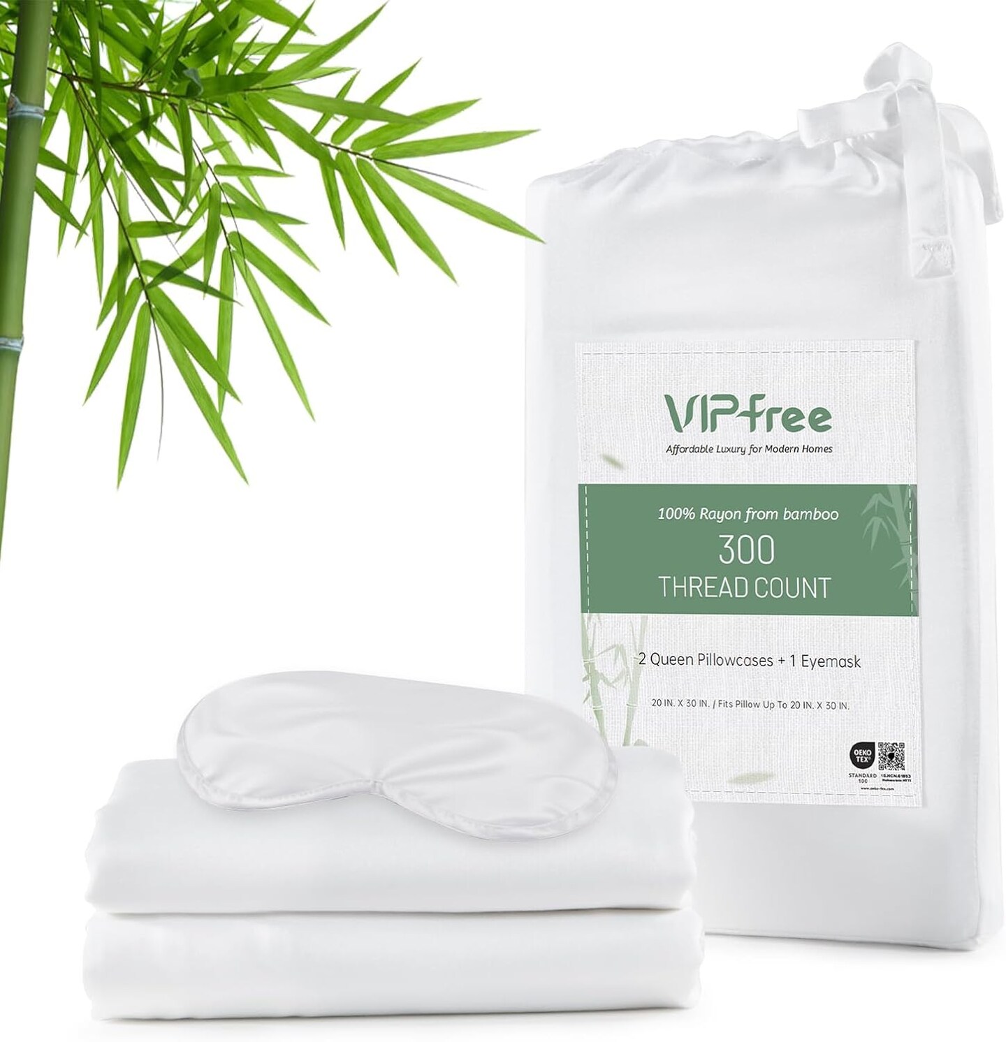 Pillow Cases Queen Size Set of 3, 100% Rayon Derived from Bamboo, Cooling Pillowcase, Soft &#x26; Breathable Pillow Covers with Envelope Closure, Eye mask (20x30 inches, White)