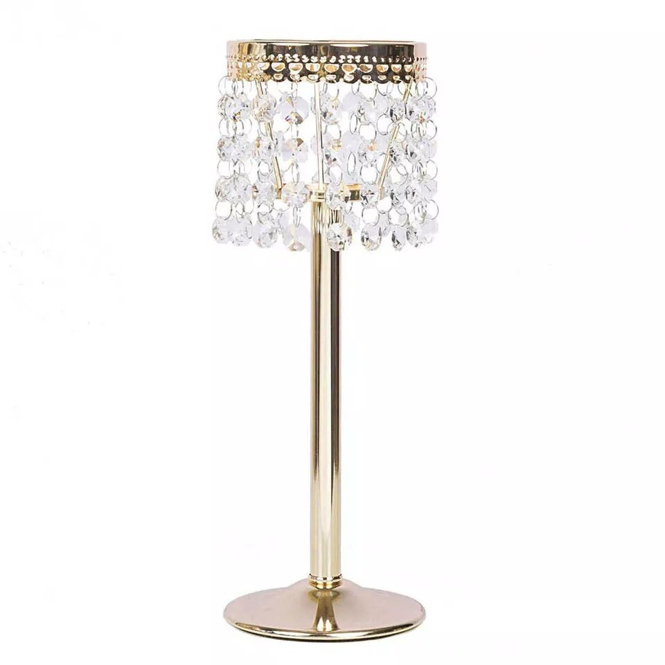 Gold 12&#x22; tall Faux Crystal Beaded Wedding Centerpiece Candle Holder Party