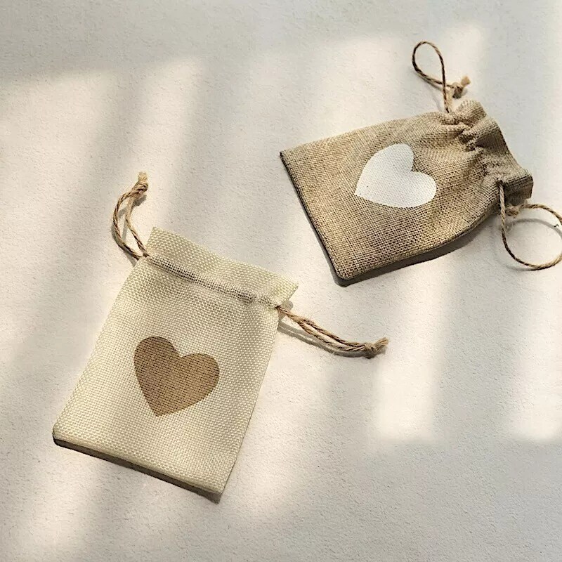 20 Natural Ivory Heart Design Faux Burlap Wedding Favor Bags Gift Holders Party
