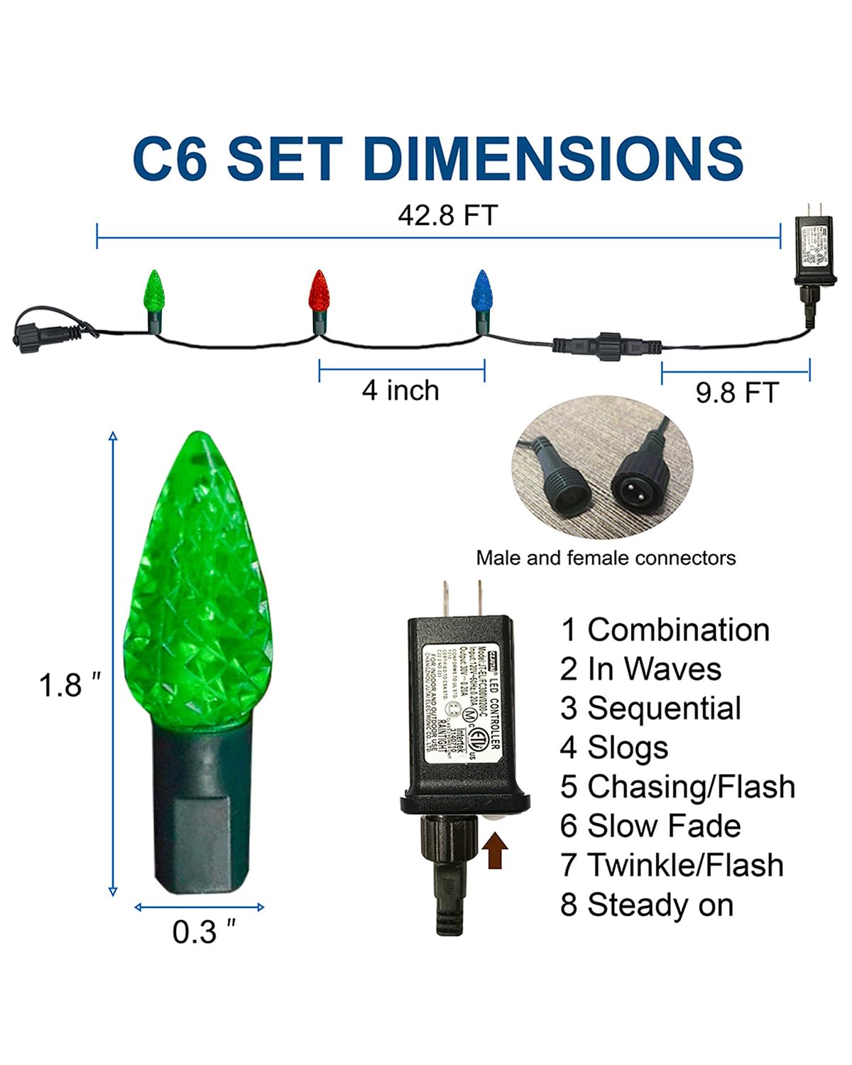C6 Christmas String Lights, 100 LED 33ft Fairy Lights with 29V Safe Adaptor, Indoor Outdoor 8 Lighting Modes for Patio Xmas Tree Wedding Party Decor, Multicolor