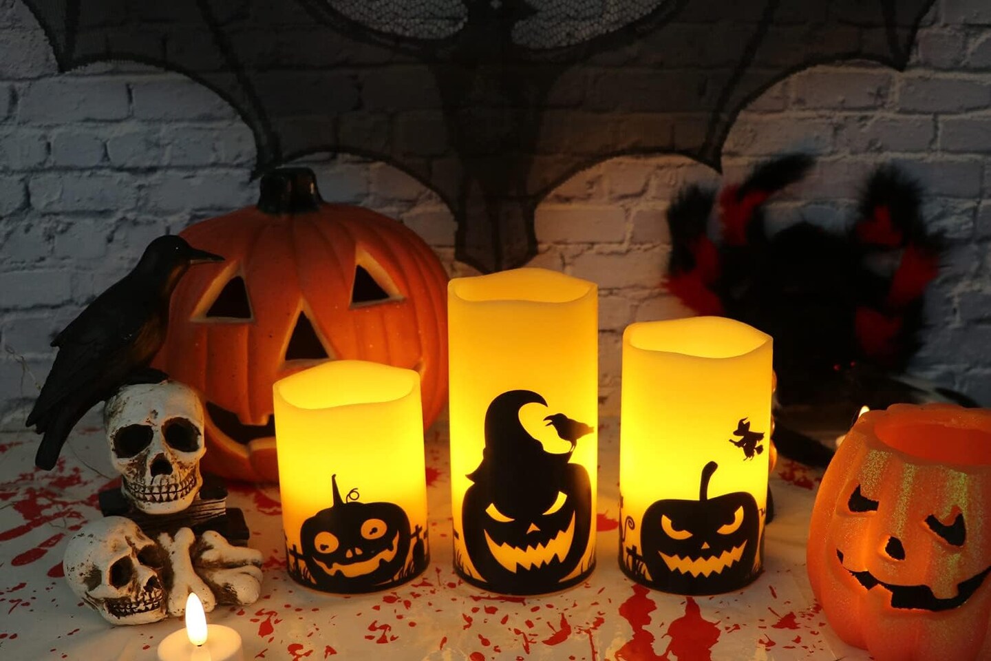 Set of 3 -Halloween Flameless Candles, LED Flickering Battery Pillar Candles