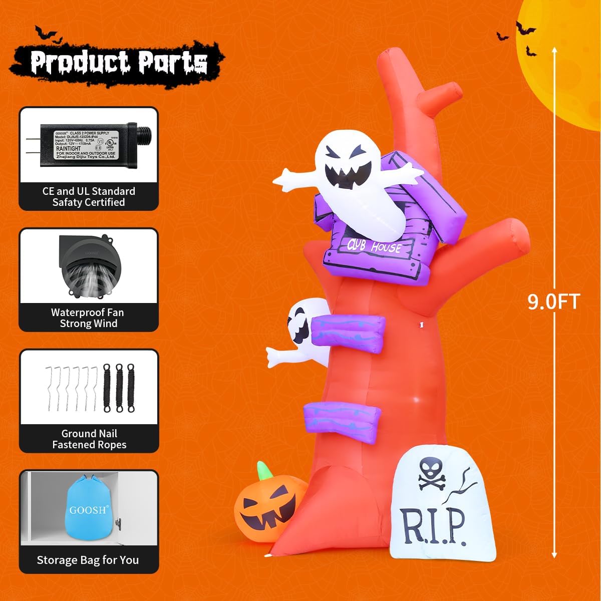 GOOSH 9 FT Halloween Inflatables Tree Blow Up Yard Huge Tree with Pumpkin Tombstone with Built-in LEDs
