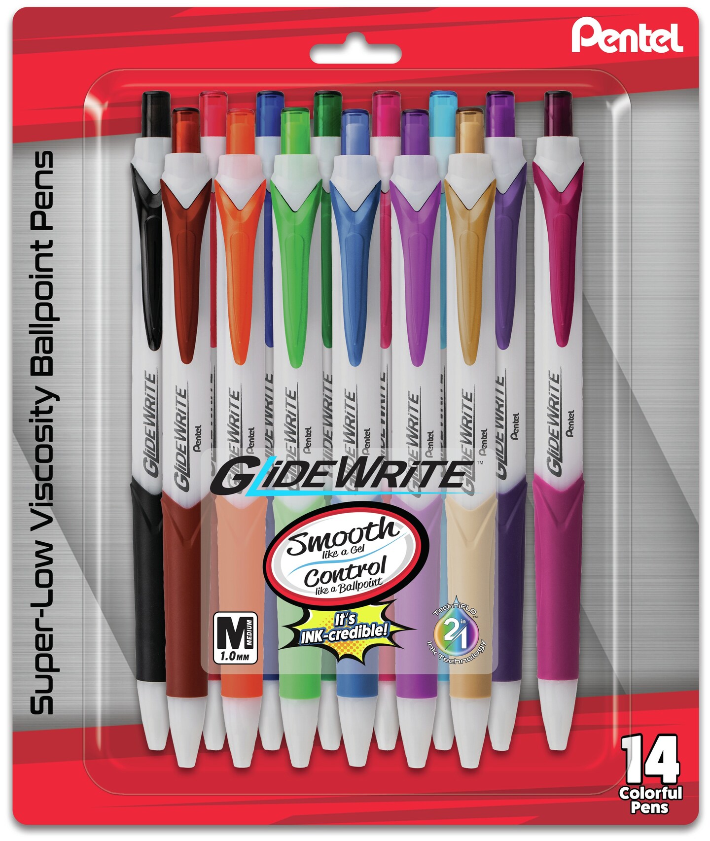 Pentel GlideWrite Ballpoint Pens 1.0mm 14/Pkg-Assorted Colors