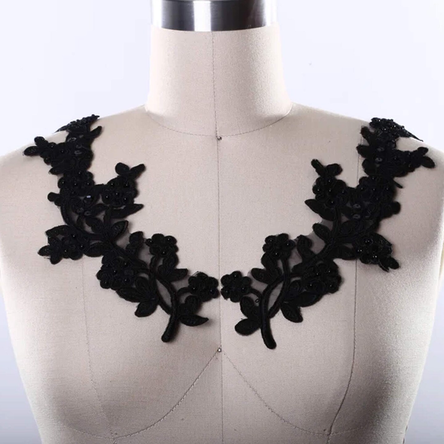 1 Pair Black Beaded Lace Appliqué 10 Inch Floral Embroidered Sequined