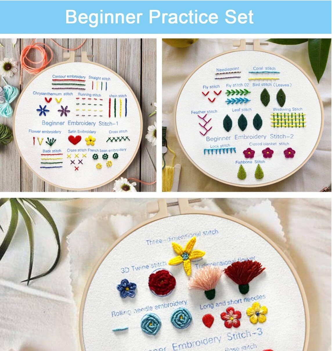 3-Pack Beginner Embroidery Kit – Learn 33 Stitch Techniques with Floral Patterns, Hoops, Threads & Tools