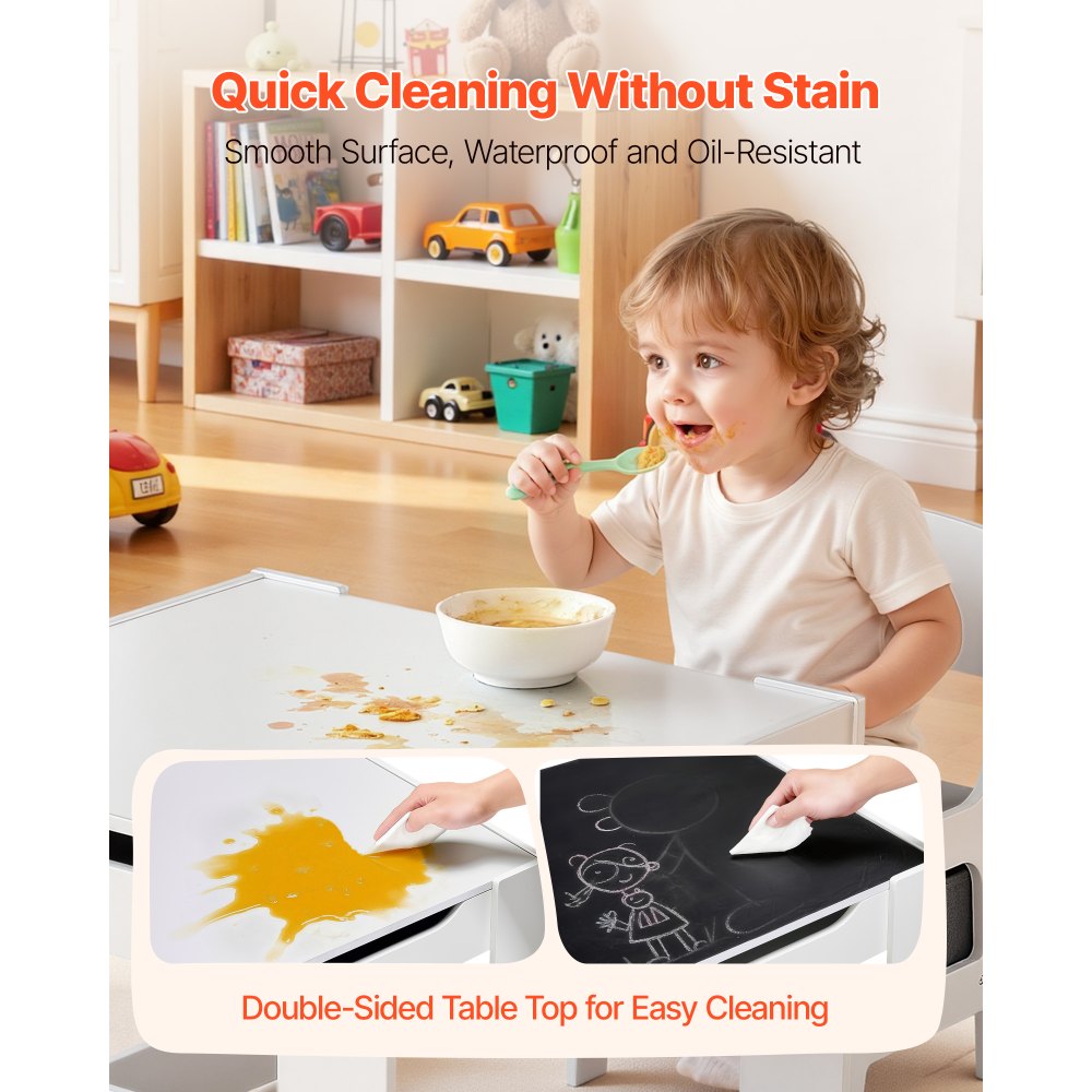 White Kids Table and 2 Chairs Set with Storage Box for Art and Learning