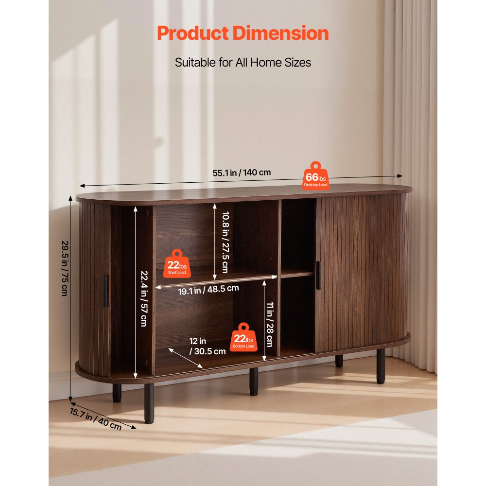 Walnut Mid-Century Fluted Coffee Bar Cabinet with 2 Sliding Doors Sideboard