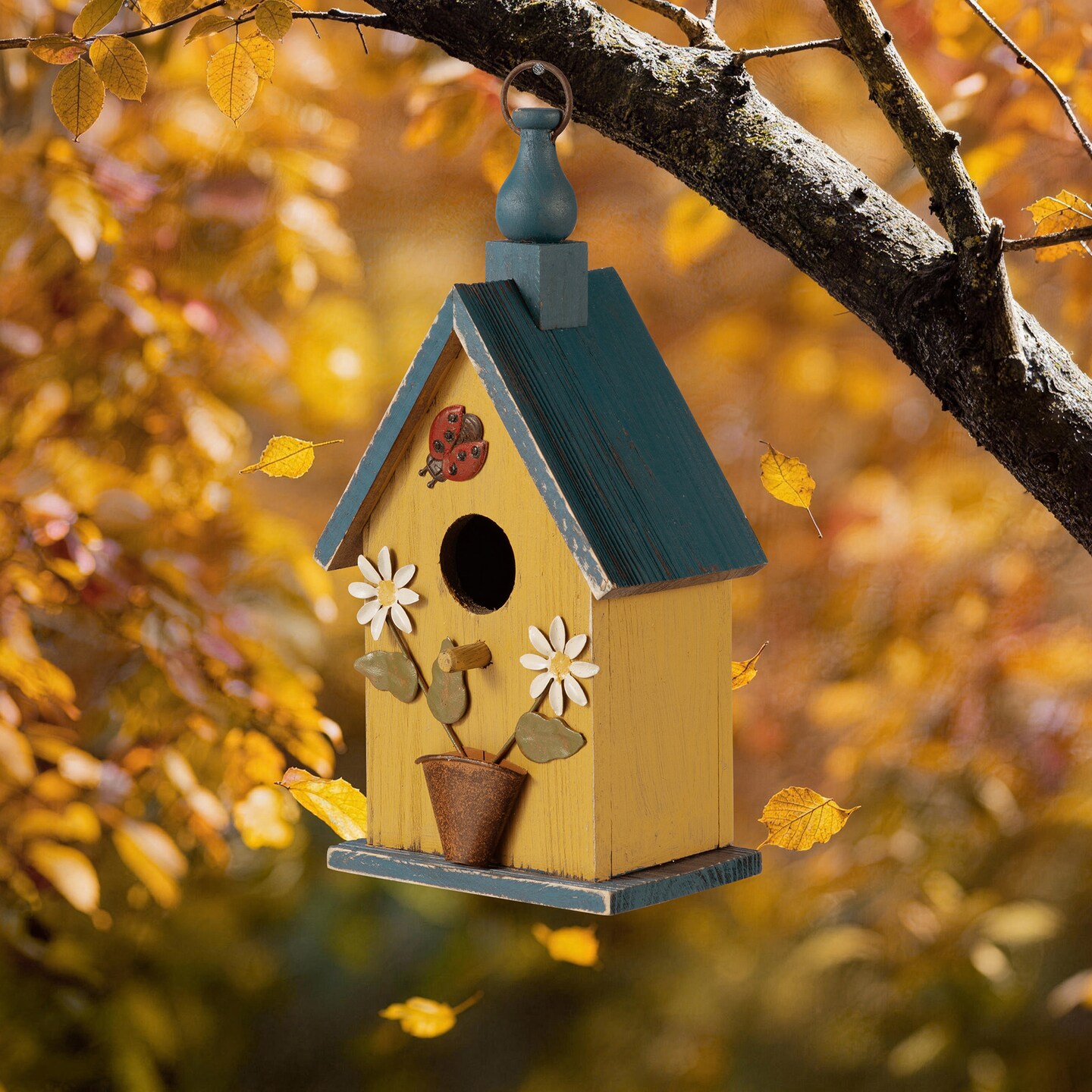 Set of 2 12.25''H Washed Yellow Distressed Solid Wood Cottage Garden Birdhouse with Bees and Flowers