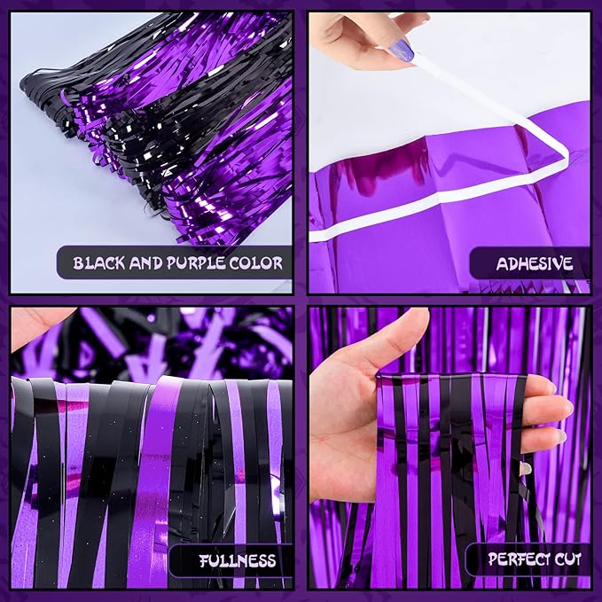 4 Pack Halloween Party Decorations,Black and Purple Tinsel Foil Fringe Curtains,Halloween Theme Photo Booth Prop Streamer Backdrop Decor Indoor Outdoor Party Supplies for Birthday Anniversary