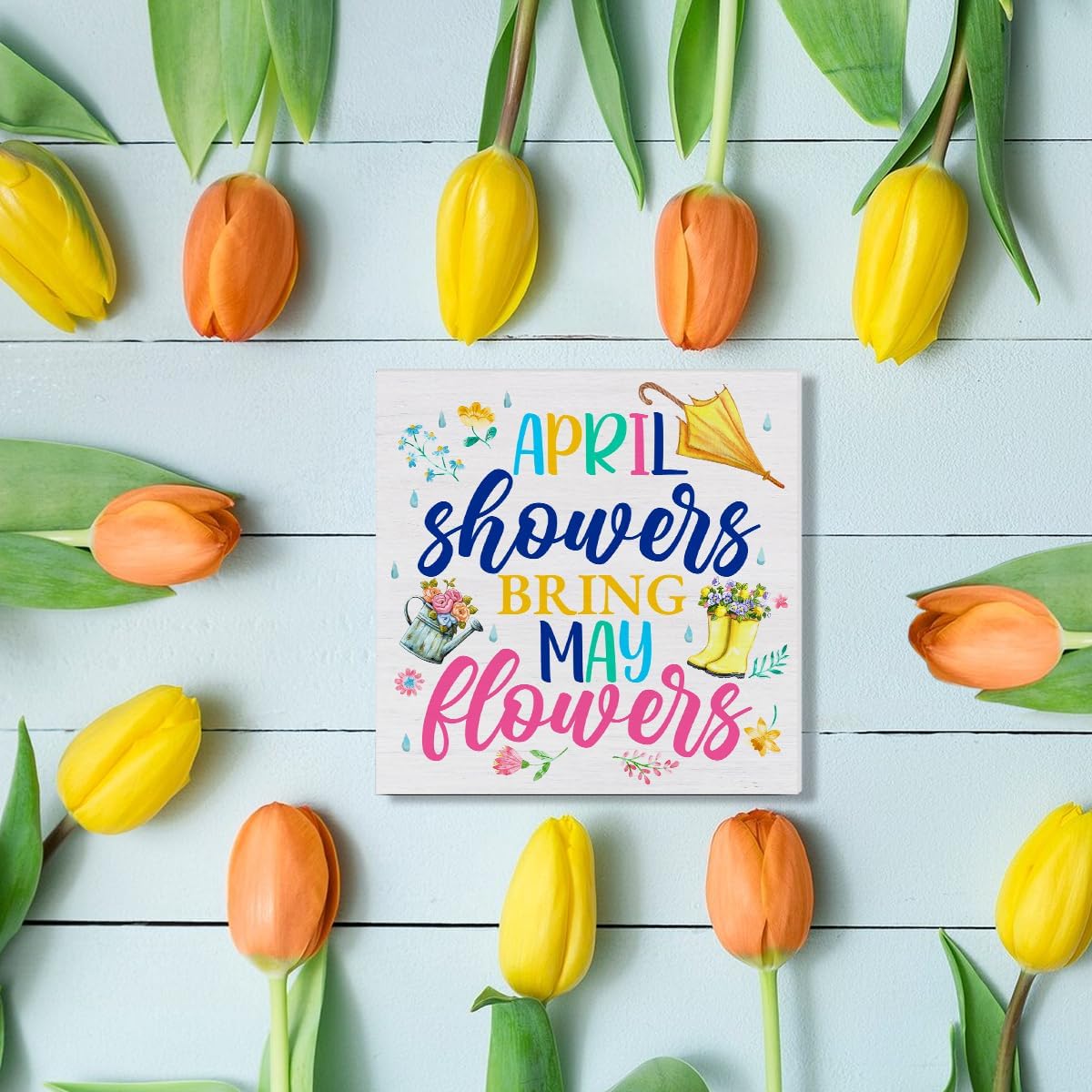 April Showers Bring May Flowers Wooden Sign, Farmhouse Spring Desk Decorations