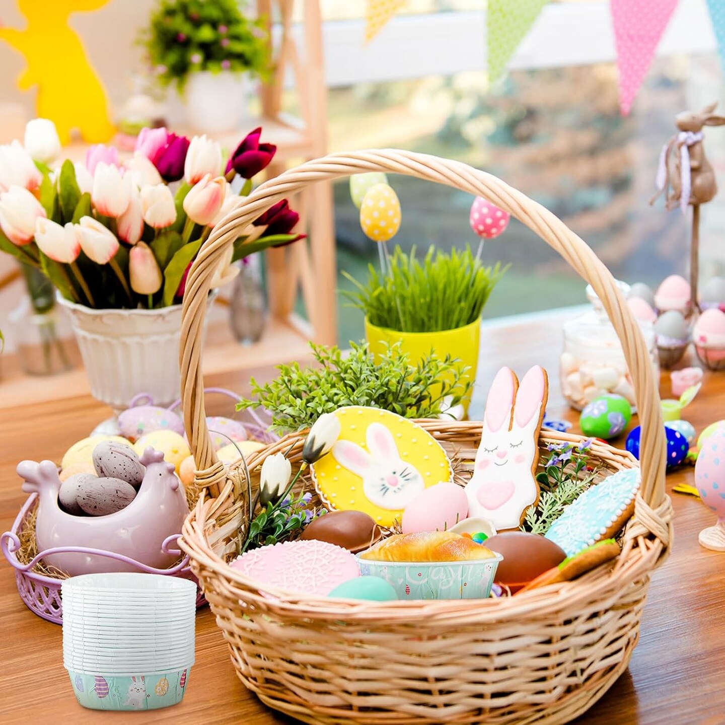 25 Pcs Easter Bunny Paper Loaf Pans 3 x 2 x 1.1&#x27;&#x27; Mini Loaf Pan Liners with Clear Plastic Bags and Ties Easter Baking Cake Pans Disposable Oval Cake Cups Baking Mold for Baking Cupcake Bread