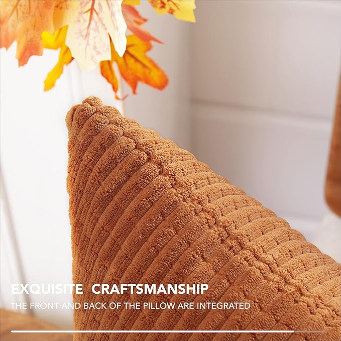 Corduroy Throw Pillow Covers, Soft & Decorative Cushion Covers, Machine Washable, Set of 2 for Sofa, Couch, Bedroom & Living Room, Orange, 22x22 Inch