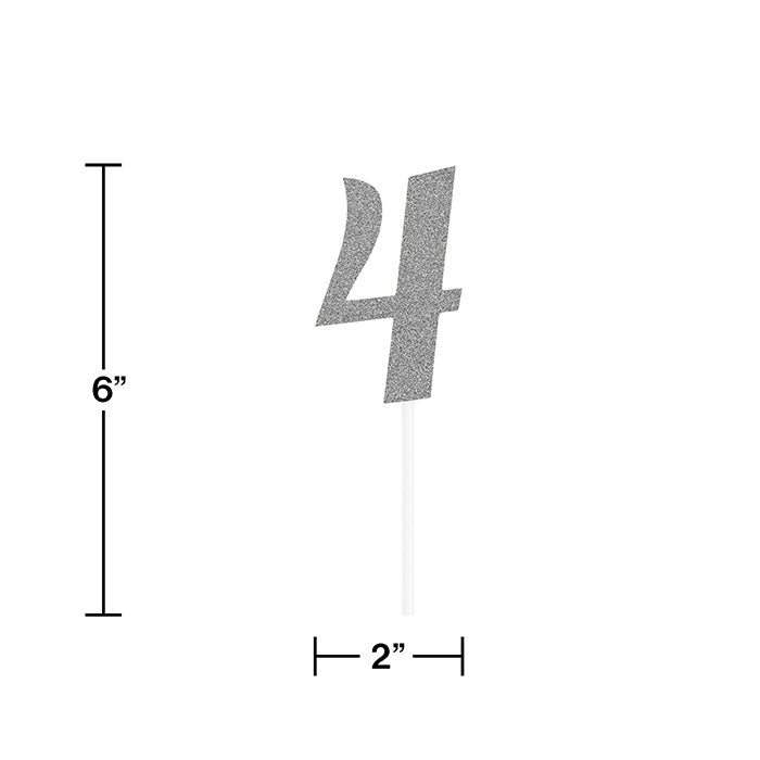Number 4 Silver Glitter Cake Topper