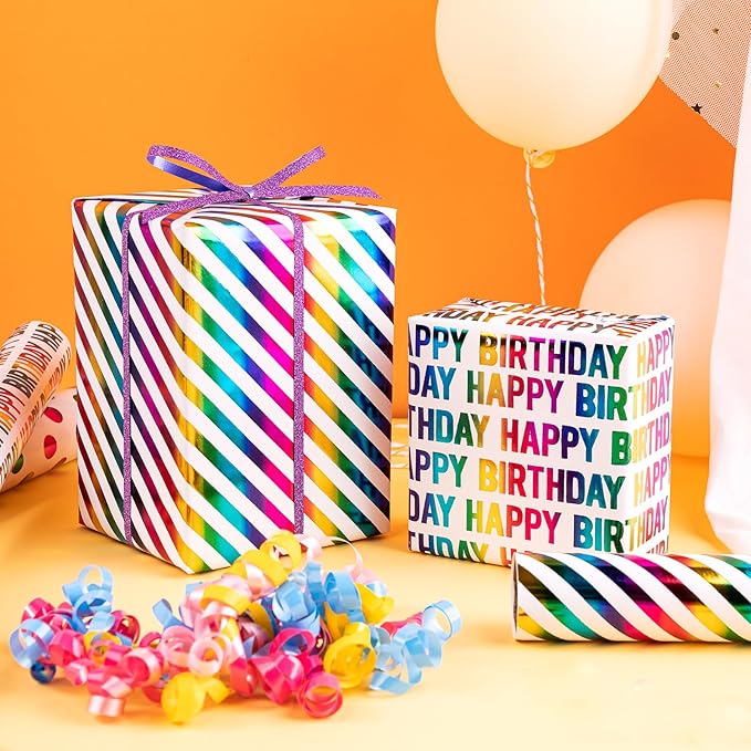 Birthday Wrapping Paper Roll - Mini Roll - 3 Rolls - 17 inch x 120 inch Per roll - Colorful Foil Birthday Design for Party, Holiday, Baby Shower