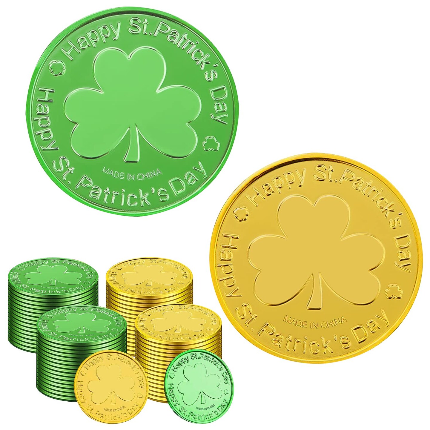 St. Patrick's Day Gold Coins - 100 Pieces Gold Green Lucky Coins Plastic Shamrock Leprechaun Coins, 3-Leaf Clover Coin for Party Decoration Favors