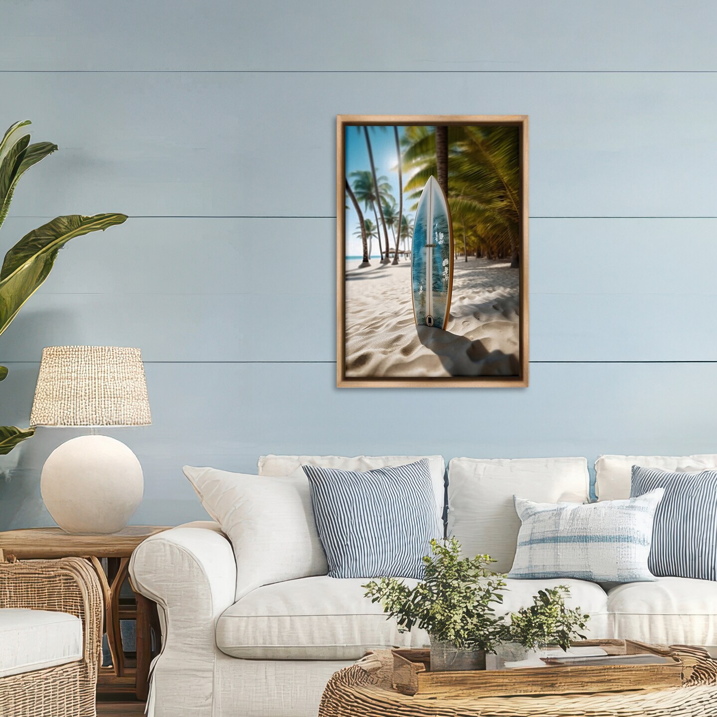 Stupell Industries Blue Surfboard Coastal Blur Black Framed Floater Canvas Wall Art, design by LSR Design Studio