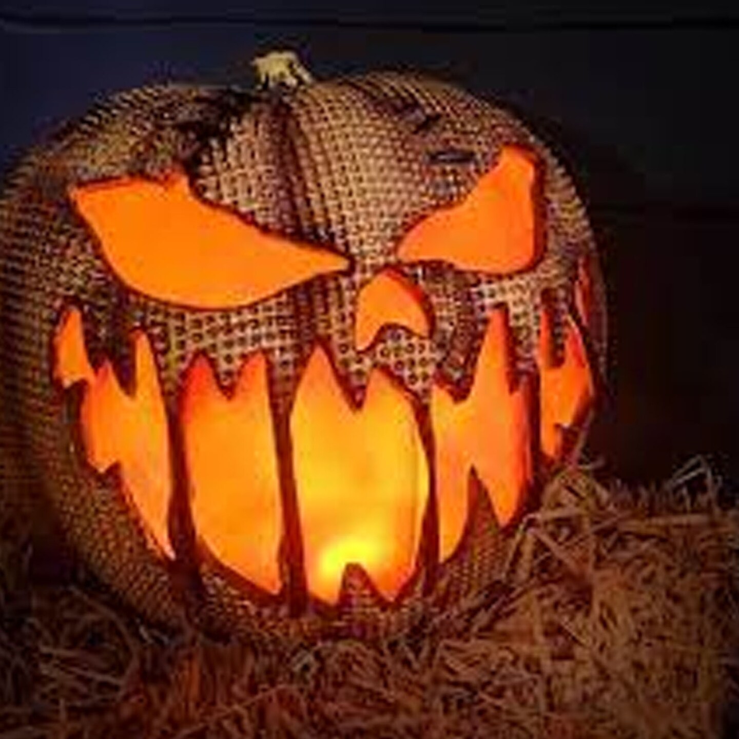 Realistic Flaming Burlap Pumpkin Halloween Ornament 10 Inches