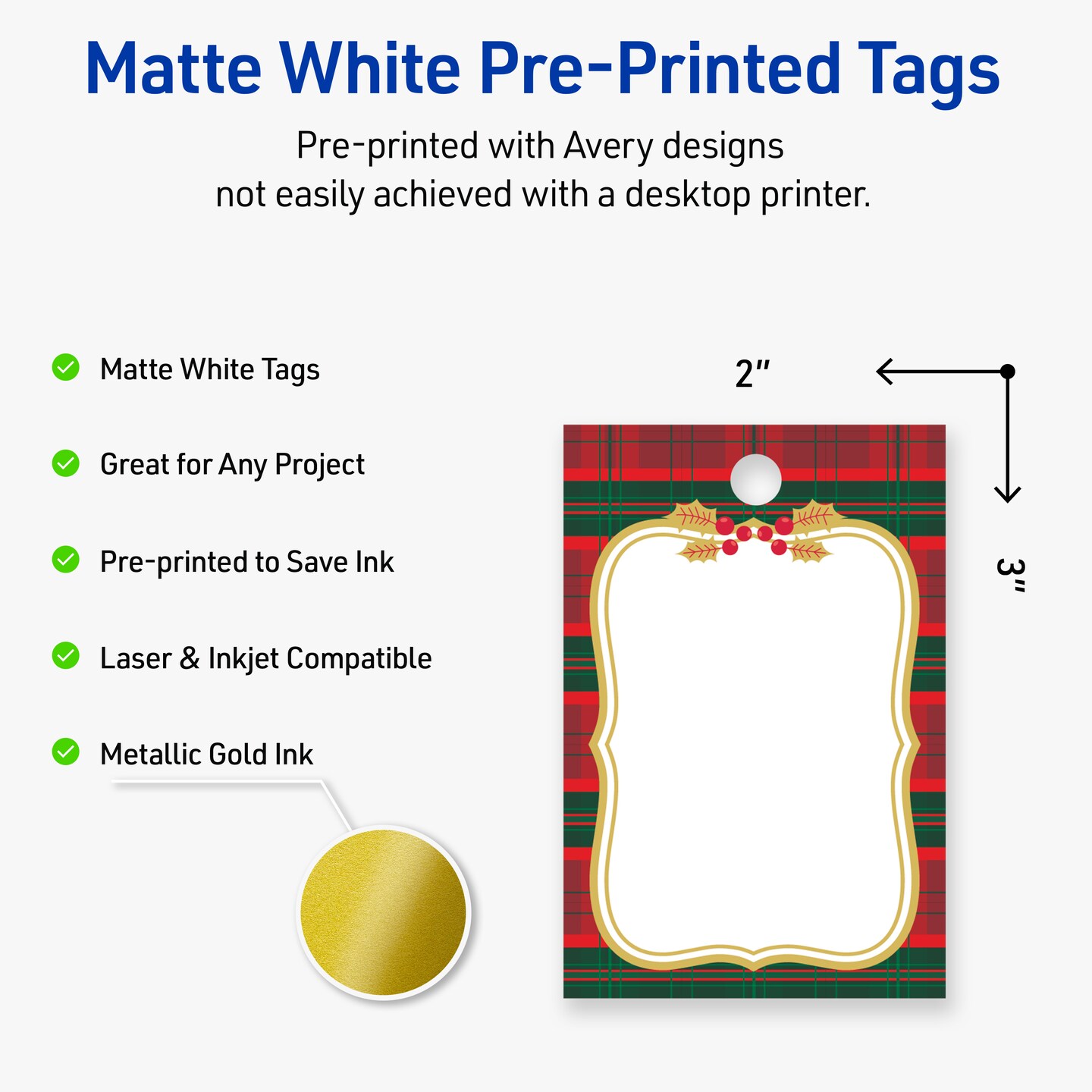 Avery Printable Tags with Sure Feed Technology, Rectangle, 2" x 3", Pre-Printed Red & Green Plaid with Metallic Gold Frame Design, Matte White, Laser & Inkjet Compatible, 80 Total