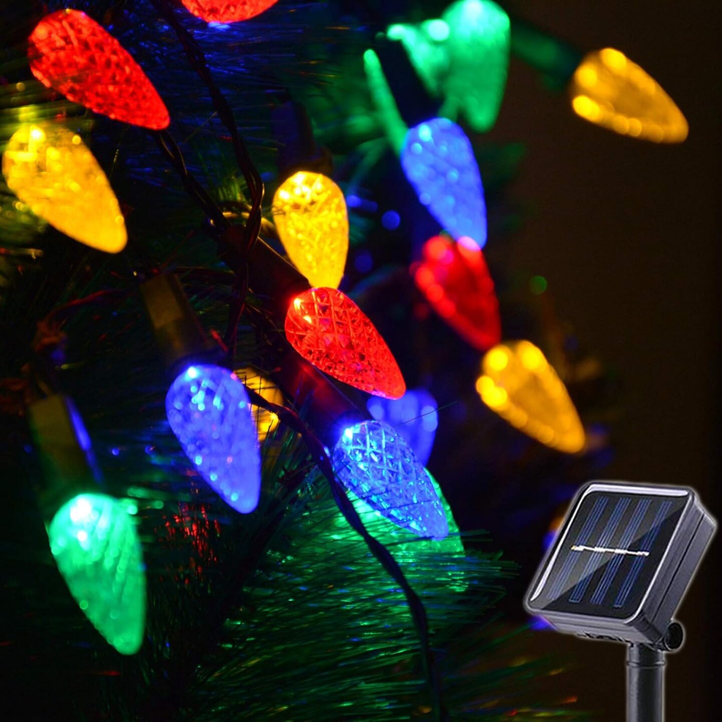 Solar Operated C6 Strawberry String Lights, LED Christmas Fairy Lights 50 LEDs - Multicolor, 8 Modes for Christmas Tree