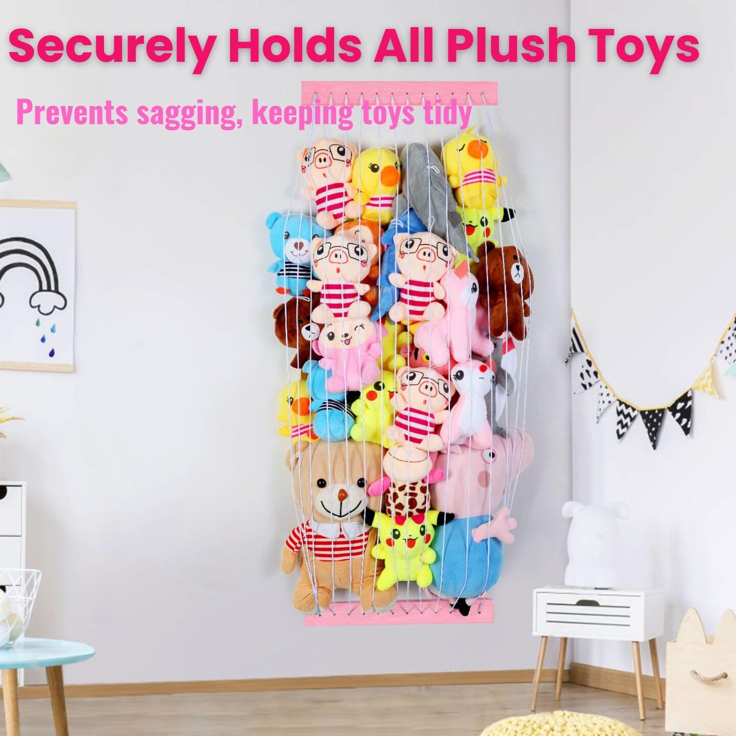Stuffed Animal Storage Wooden Soft Toy Storage for Kids Room&#xFF0C;Wall Mount Door Hanging Stuffed Animal Toy Organizer Shelf for Nursery Play Room Pink -Patent