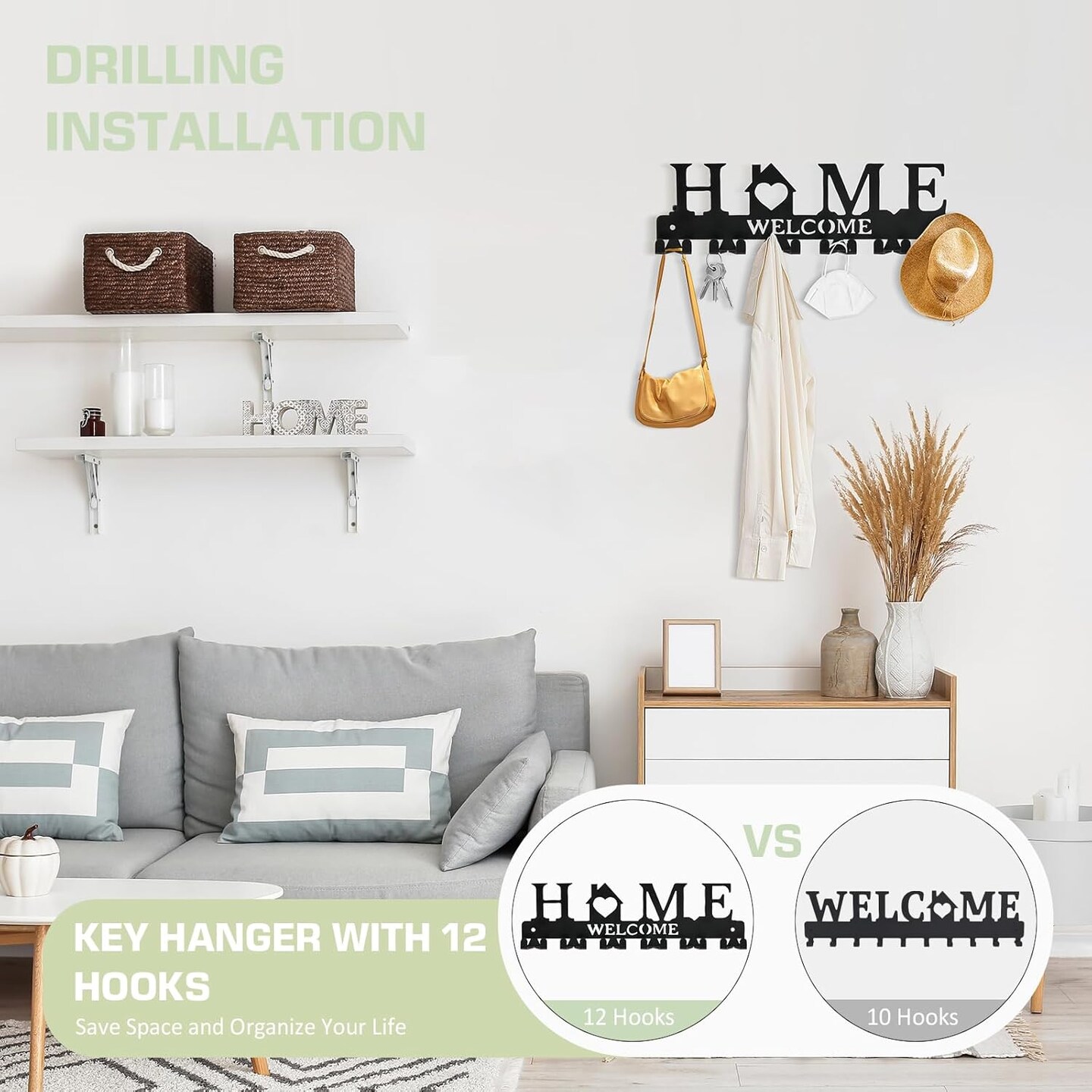 Key Holder Wall Mount, Adhesive Metal Key Hanger with 6 Double Hooks, 2 Installation Methods, Black