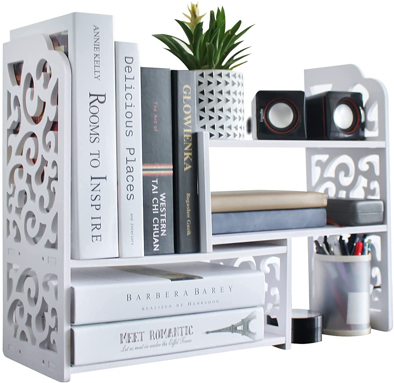 Small Bookshelf for Desktop Storage, Mini Cute Office Desk Shelves White Versatility Organizers for Women, Kids