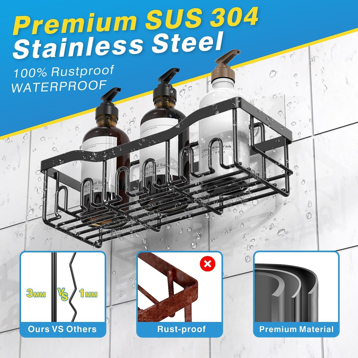 Adhesive Shower Caddy, 5 Pack Rustproof Stainless Steel Bath Organizers With Large Capacity, No Drilling Shelves for Bathroom Storage &#x26; Home Decor