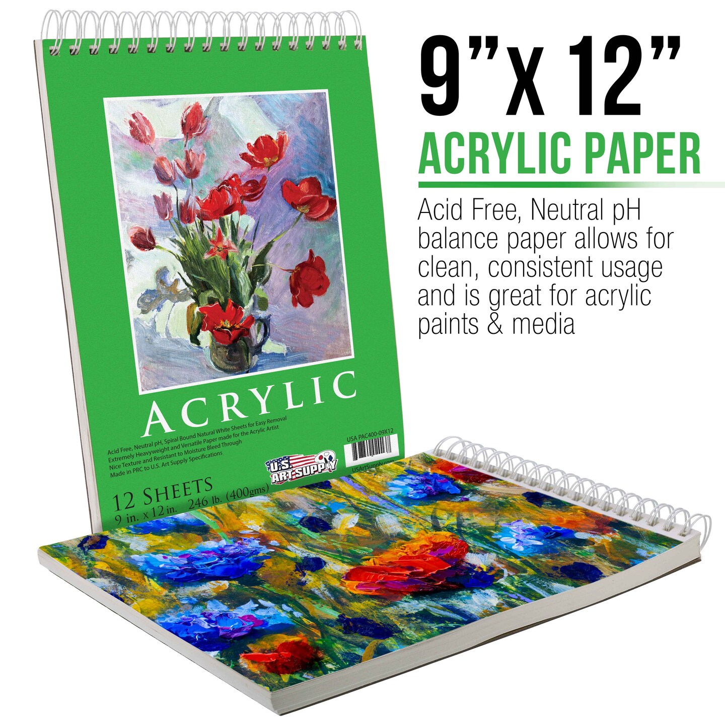 9x12&#x22; Premium Heavy-Weight Acrylic Painting Paper Pad, 246lb (400gsm), 2 Pack, 12 Sheets, Spiral Bound, for Acrylic Paint
