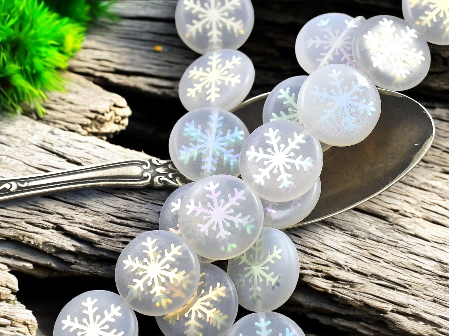 *8* 17mm White Opaline AB Laser Tattoo Snowflakea Coin Beads