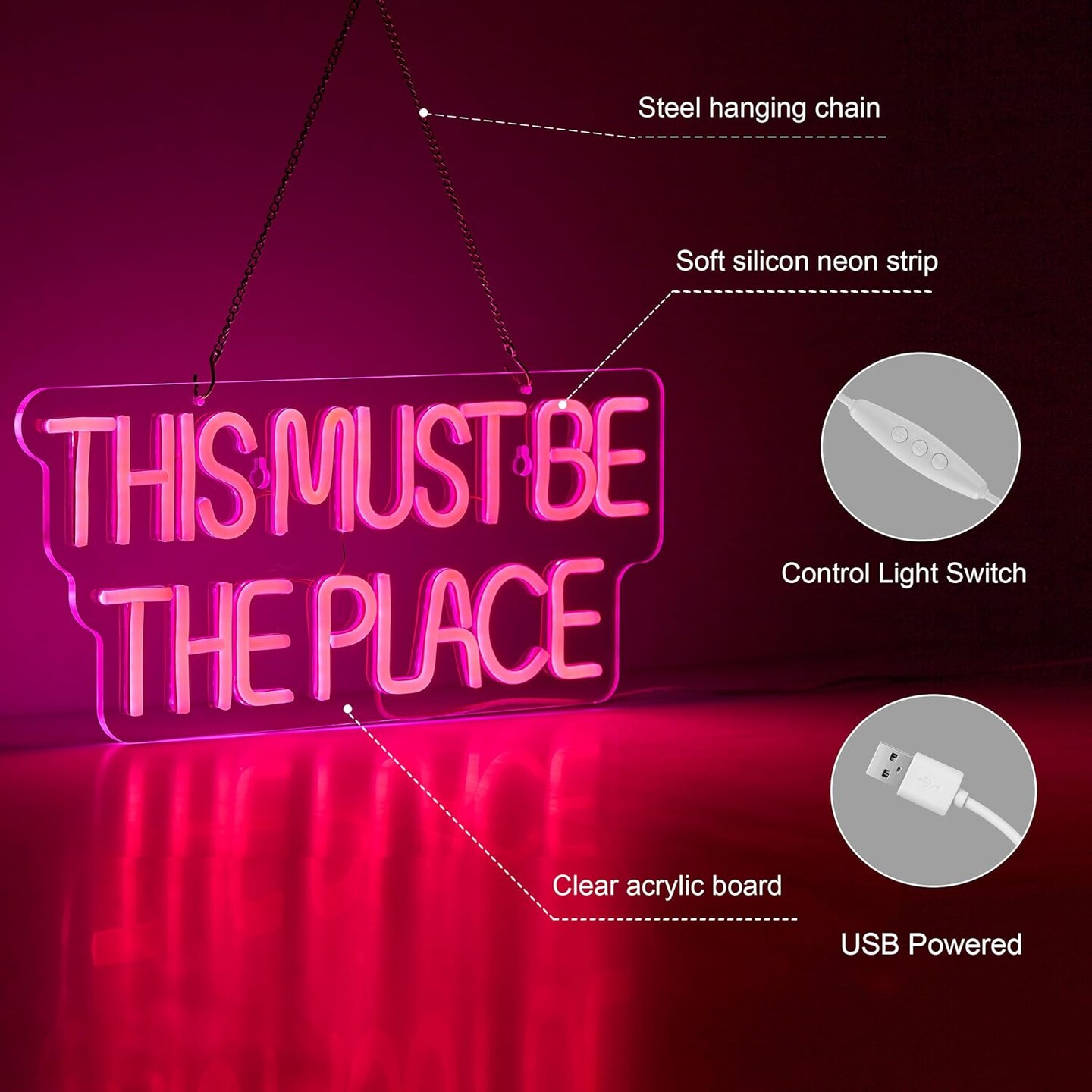 This Must Be The Place Neon Sign for Wall D&#xE9;cor Dimmable LED Neon Light USB Powered Neon Art Signs(Pink)