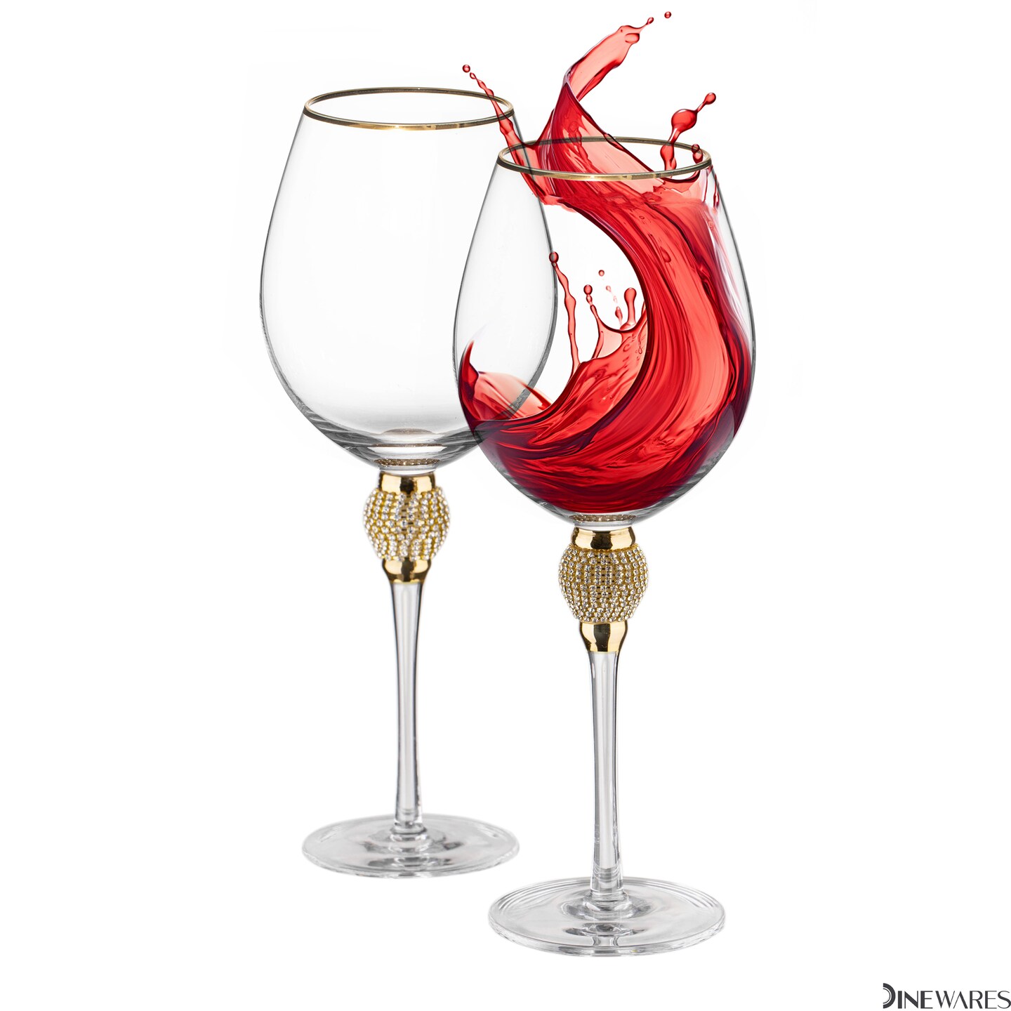 Rimmed Red Wine Glasses with Diamond Rhinestone Accent - 18 oz, 10 Inches Tall - Perfect Toasting Glasses for Bride and Groom, Great for Party, Wedding Anniversary and Special Occasion