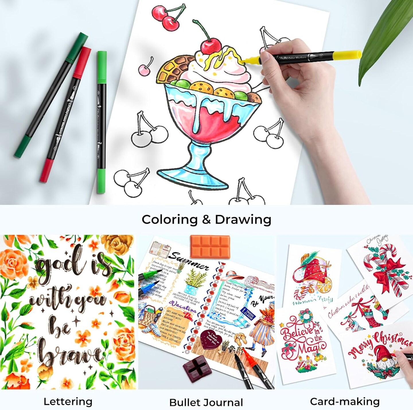 Ohuhu Water Based Markers for Adult Coloring Books: 160 Colors Brush Pens, Dual Tip Brush &#x26; Fine Drawing Pens, Coloring Markers for Calligraphy Bullet Journal with Carrying Case -Maui (White Barrel/Black Barrel)