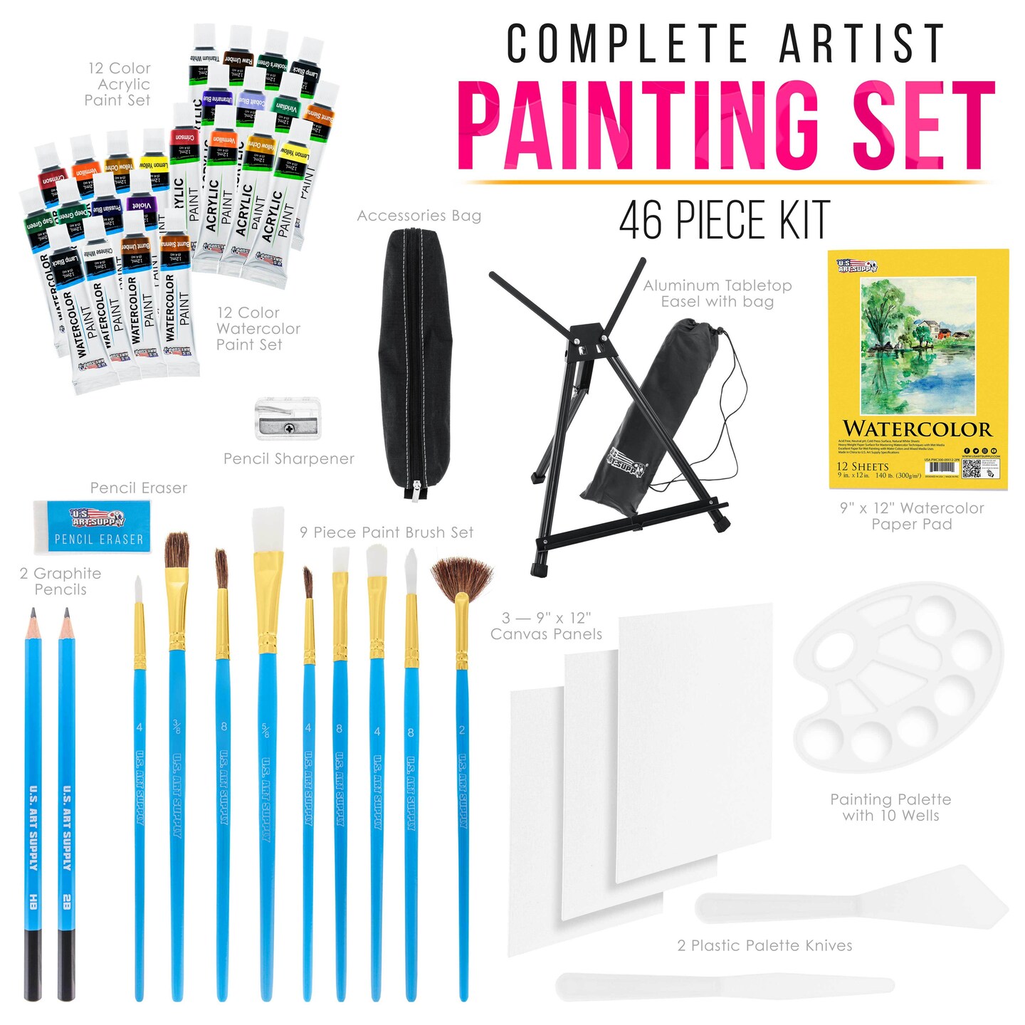 46-Piece Complete Artist Painting Set with Easel - 12 Acrylic &#x26; 12 Watercolor Paint Colors, Brushes, Canvas Panels, Watercolor Pad, Painting Palette