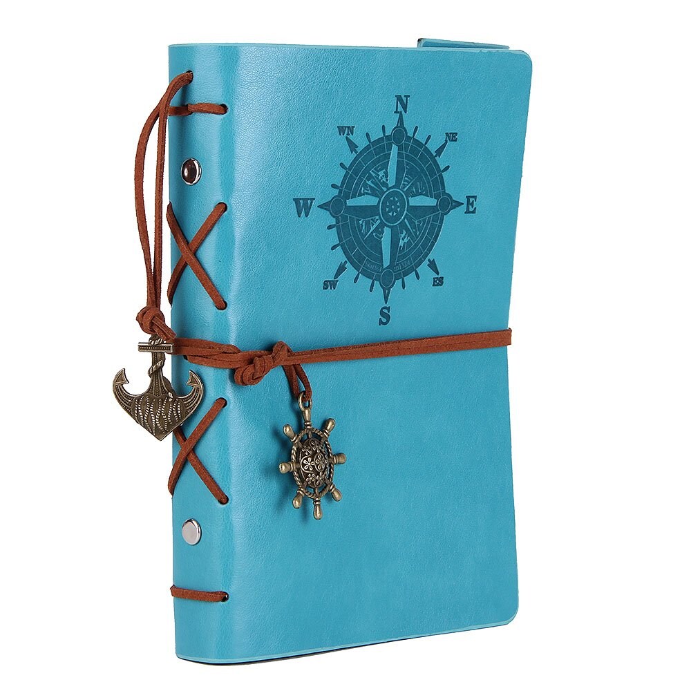 EvZ Leather Writing Journal Notebook, 7 Inches Vintage Nautical Spiral Blank String Diary Notepad Sketchbook Travel to Write in, Unlined Paper, Retro Pendants, Classic Embossed, Sky Blue