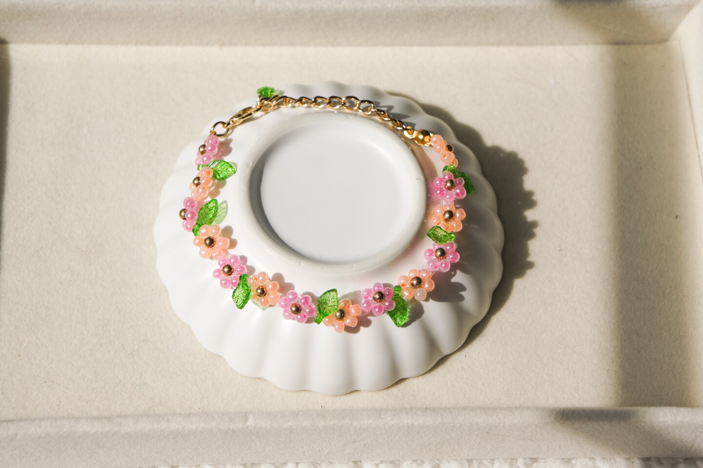 Summer Flower Beaded Bracelet, Orange Pink Flower Bracelet