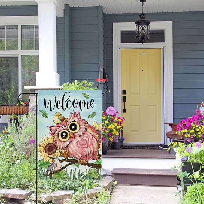 Welcome Spring Summer Pink Owl Bird Garden Flag Double Sided, Sunflower Branches Decorative Yard Outdoor Home Small Decor, Seasonal Burlap Outside House Decoration 12 x 18
