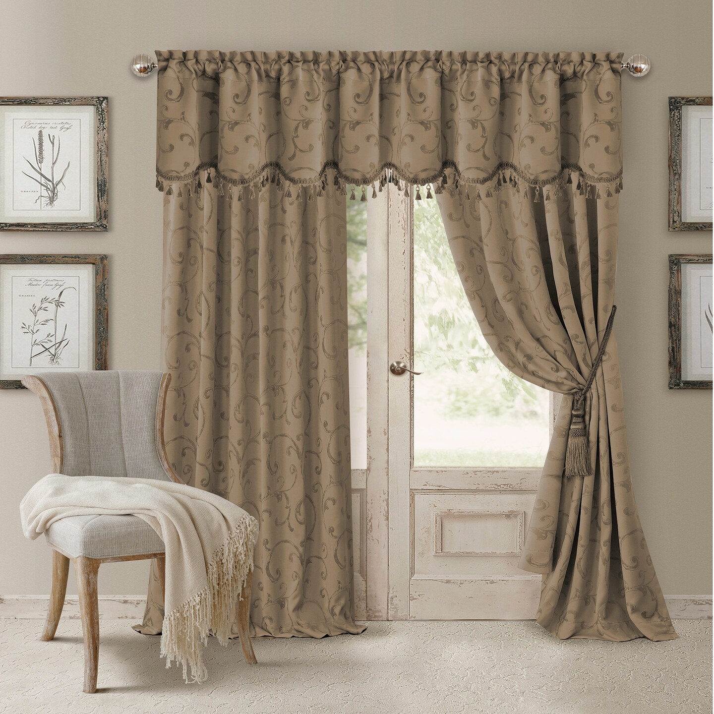 Threadmade Home Mia Jacquard Scroll Blackout Window Curtain, Taupe - 52"W x 84"L