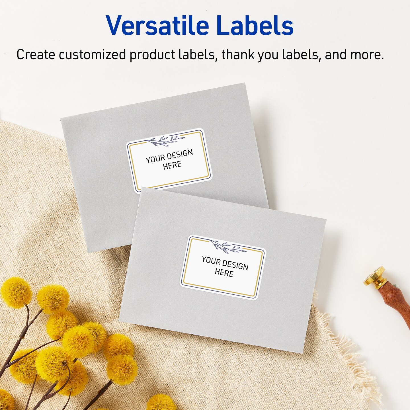 Avery Printable Rectangle Labels, Gold &#x26; Navy Border with Florals, 2&#x22; x 4&#x22;, Glossy White Rectangle Labels, Permanent, Laser/Inkjet, 100ct, Great for Product Labels