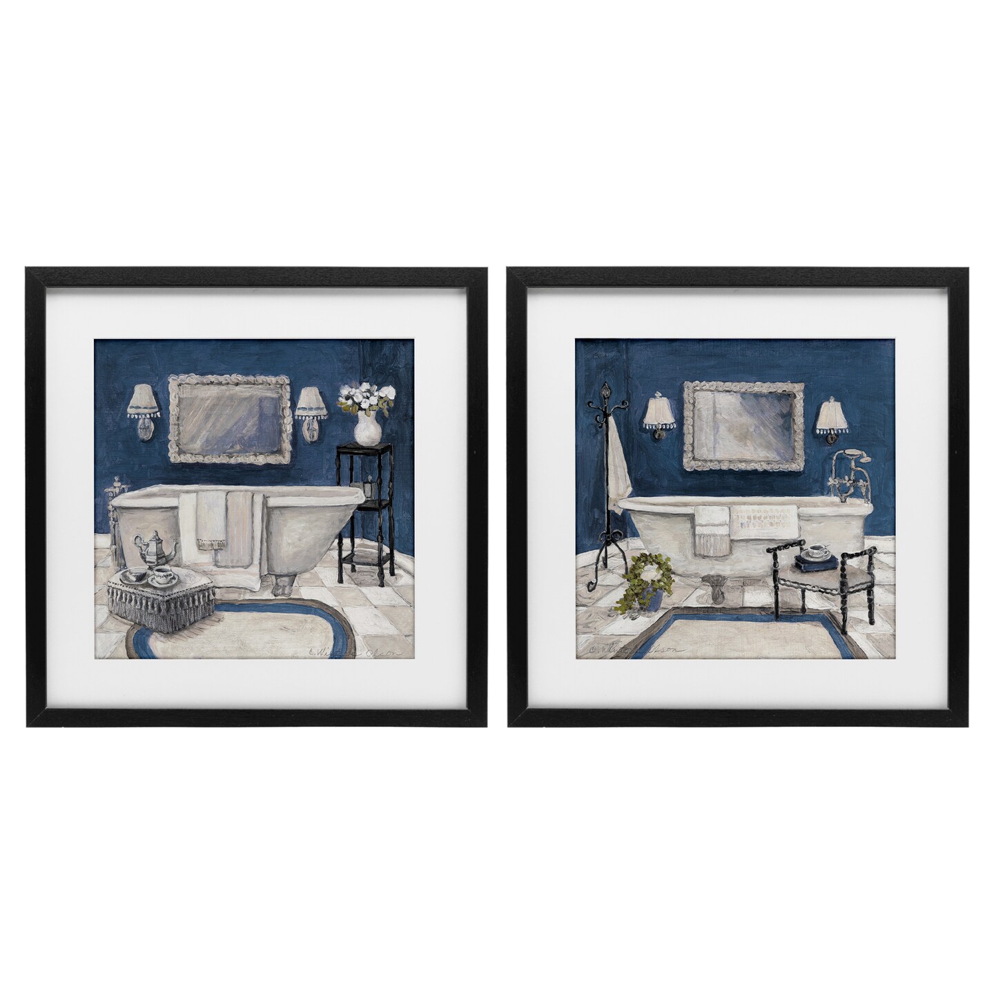 Stupell Industries Elegant Blue Bath 2 Piece Black Framed Print Under Glass Set, design by Charlene Olson