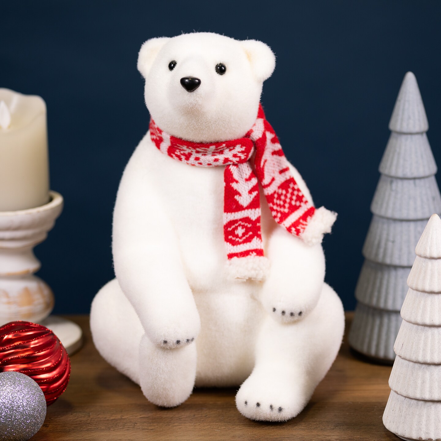 Northlight Sitting Polar Bear with Scarf Christmas Figure - 12.25" - White and Red