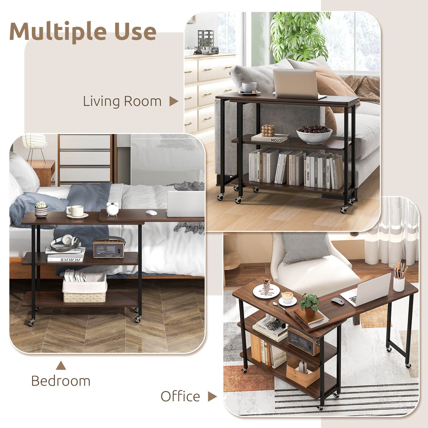 Costway 360° Rotatable Sofa Side Table L-shaped Laptop Desk Snack Table withShelf Patented Brown/Natural/Walnut/Rustic Brown