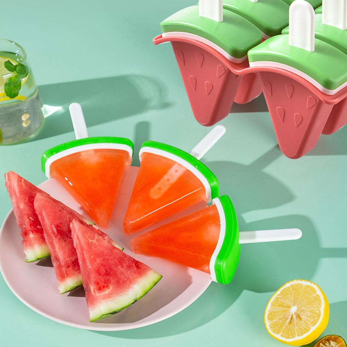 Watermelon Shape Popsicle Molds – 6-Cavity Ice Pop Maker with Sticks, Plastic DIY Ice Cream Molds, Fun Summer Treats (Red)