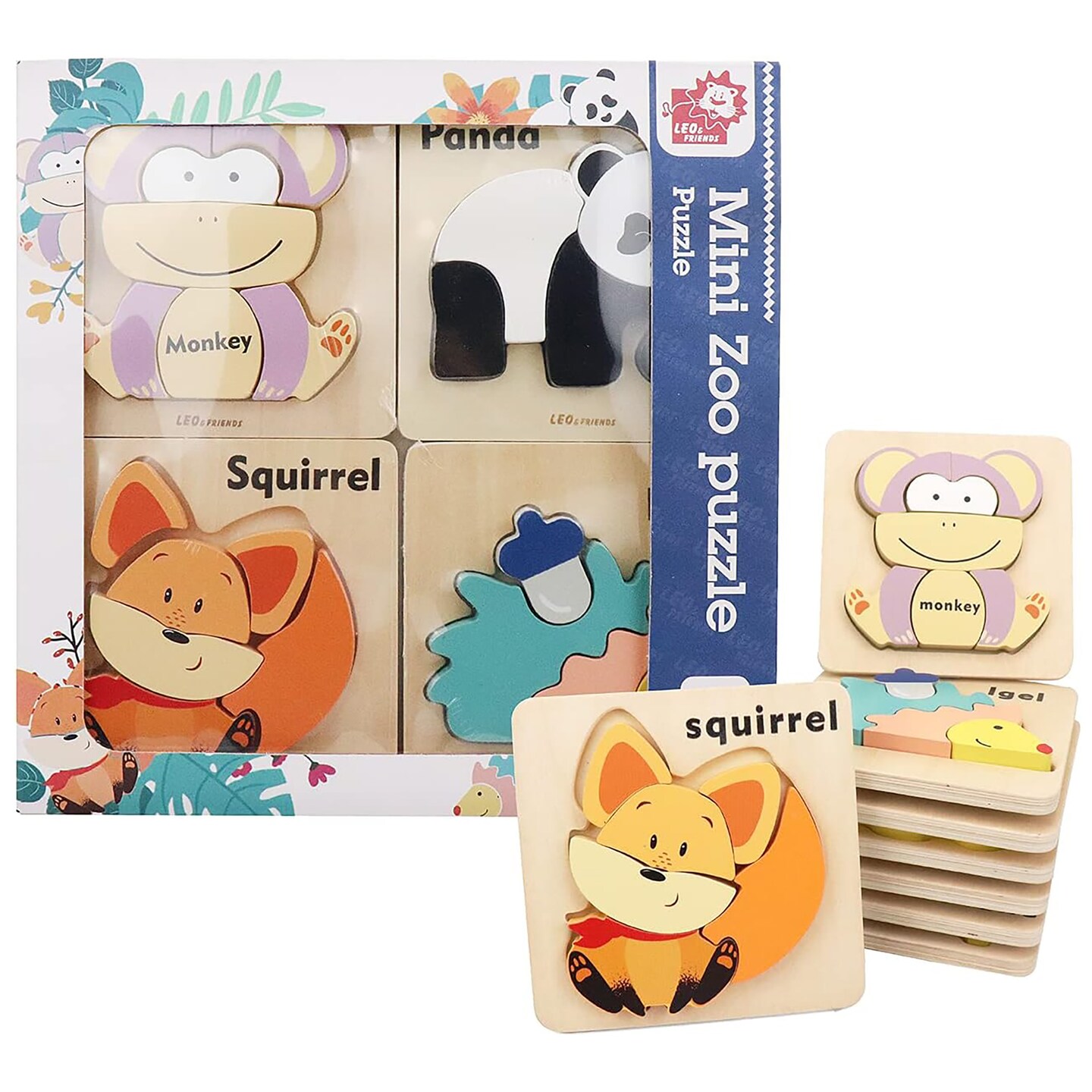 LEO &#x26; FRIENDS: Mini Zoo Puzzle Kit - 25pc Set - Chunky Wooden Pieces, 4 Unique Animal Jigsaws: Panda-Monkey-Hedgehog-Squirrel, Kids &#x26; Toddlers Age 2+