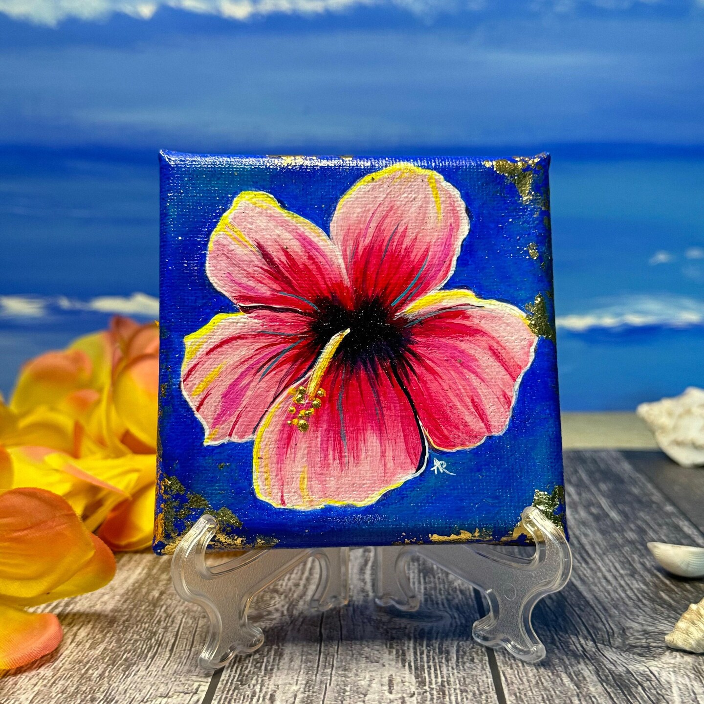 Pink Hibiscus Mini 4x4 Painting~Original Hand Painted Fine Art