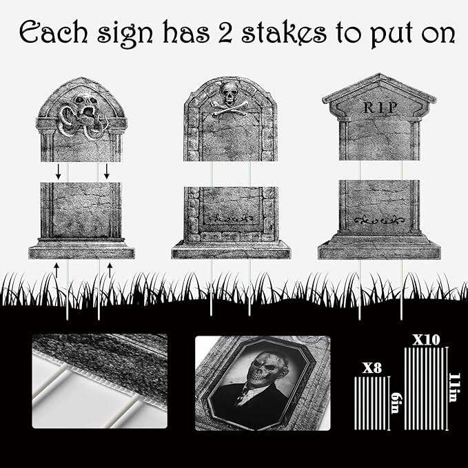 Graveyard Tombstones Halloween Decorations Outdoor: 4pcs Extra Large Gravestones Yard Signs with Scary 3D Changing Face Photos, 22&#x22; Realistic RIP Skeleton Tombstones Cemetery Decor Outside, Waterproof
