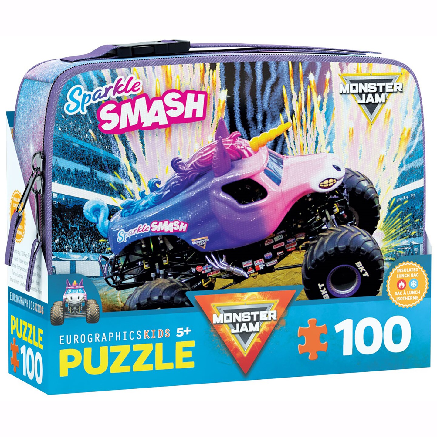 Eurographics: Monster Jam Puzzle &#x26; Lunch Box - Sparkle Smash - 100-Piece Jigsaw &#x26; Insulated Bag - Unicorn-Themed Monster Truck Set, Licensed, Kids 5+