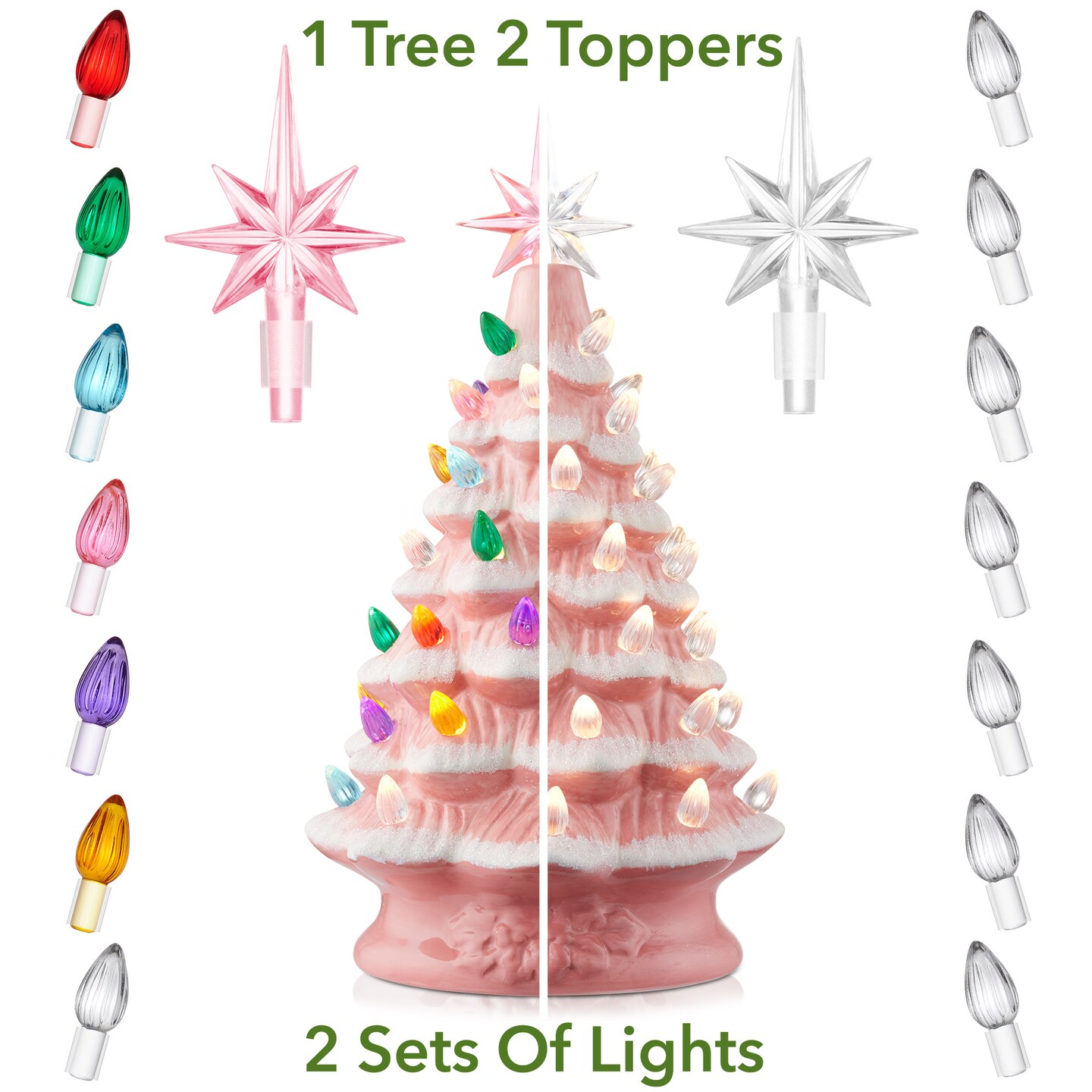 Casafield Hand Painted Ceramic Christmas Tree, 12-Inch Pre-Lit Tree with 100 Multi Color Lights and 2 Star Toppers