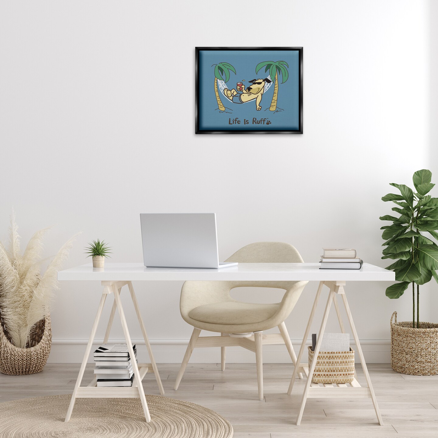 Stupell Industries Tropical Dog on Hammock Framed Floater Canvas Wall Art Design by LIR