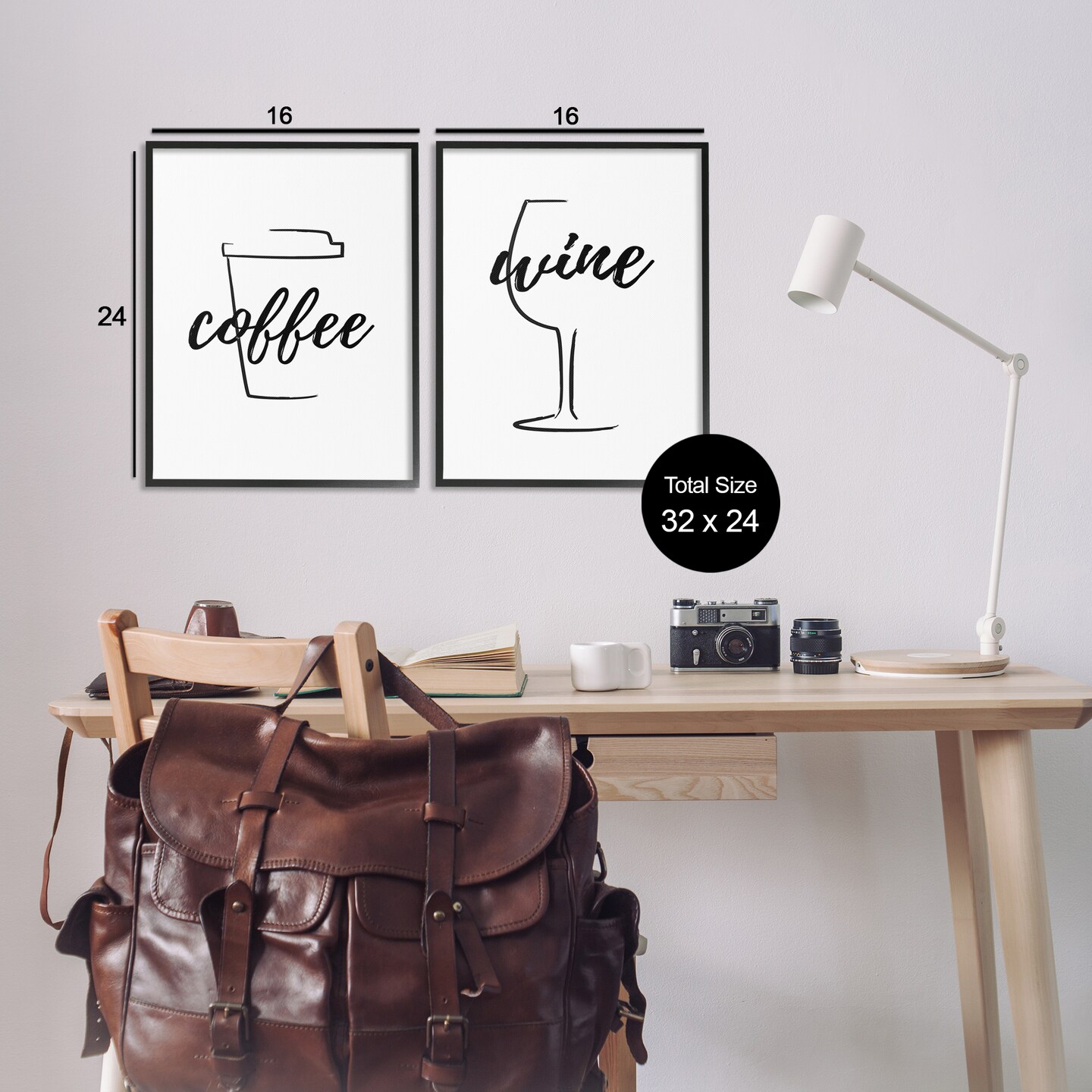 Stupell Industries Simple Coffee Wine Drawing 2 pc Framed Giclee Wall Art Set Design by Martina Pavlova