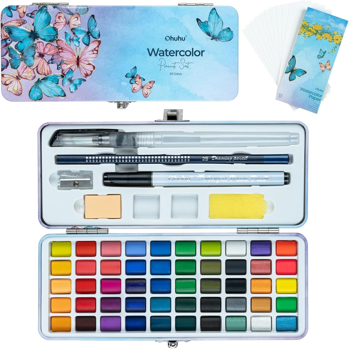 Ohuhu Watercolor Travel Paint Set, Portable Watercolor Kit for Outdoors 50-color with Watercolor Papers, Brush Pen, Acrylic Pen, Pencil and Accessories for Painting, Non-toxic Watercolors Paint for Artists Adults Beginners Kids Gift Idea